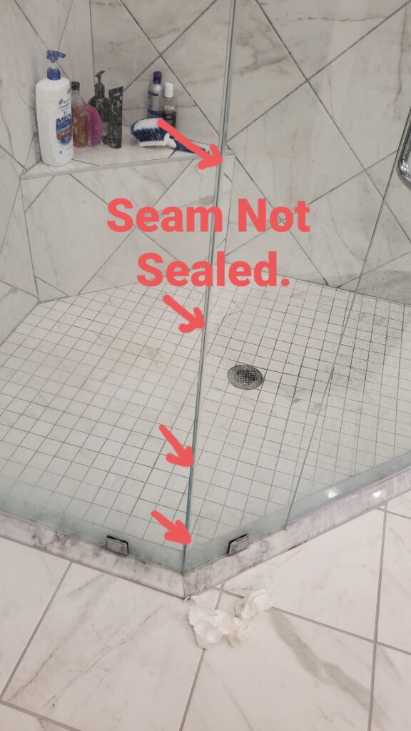 Shower Panels not sealed at junction. Discovered during a home inspection by Powerworks Inspections.