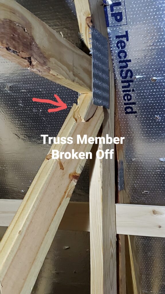 Compromised truss noted. Found during a home inspection by Powerworks Inspections