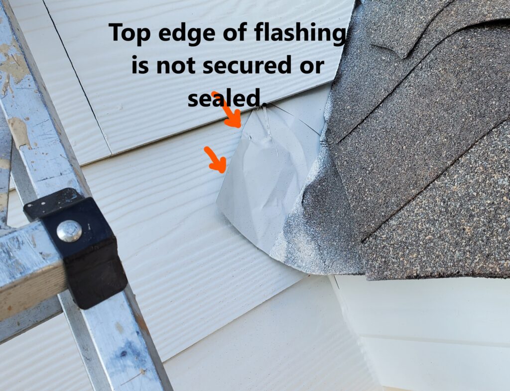 The flashing is not sealed and secured along the upper edge. This can allow water to get behind the flashing and affect the roof deck. Discovered by Powerworks Inspections during a New Construction home inspection.