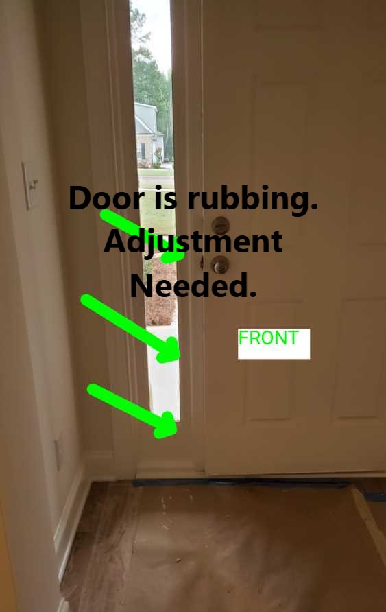 Door out of alignment. This will need to be adjusted. Discovered by Powerworks Inspections during a new construction home inspection.