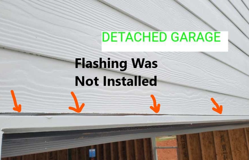 Flashing was not installed above doorways and one of the garage door openings. Flashing prevents water penetration into the structure. This was discovered by Powerworks Inspections during a New Construction Home Inspection.