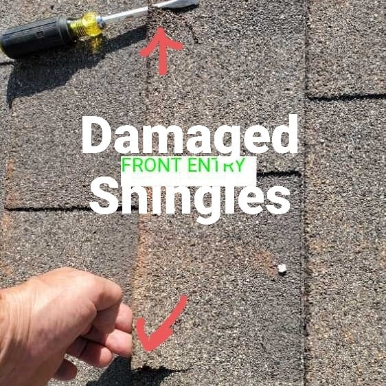 Shinges damaged. This damaged occured during the installation process and was noted during the New Construction home inspection by Powerworks Inspections.