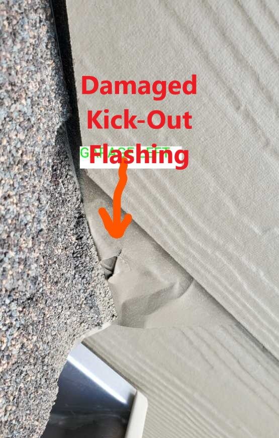 Damaged Kick out Flashing. Home Inspection by Powerworks Inspections.