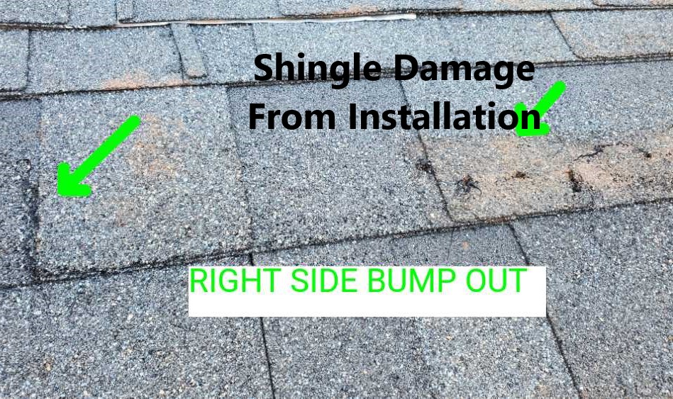 Shinges damaged. This damaged occured during the installation process and was noted during the New Construction home inspection by Powerworks Inspections.