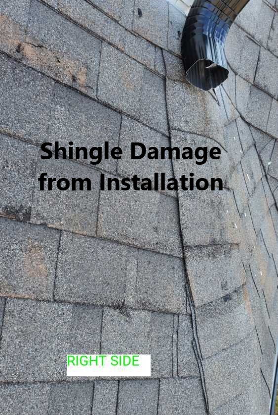 Shinges damaged. This damaged occured during the installation process and was noted during the New Construction home inspection by Powerworks Inspections.