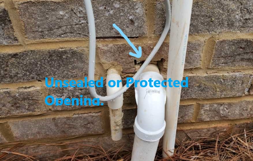 Penetrations in the exterior of the home should be sealed to prevent moisture and insect penetration.  Noted by Powerworks Inspections during a New Construction home inspection.