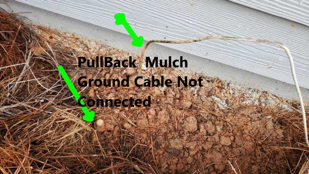 Grounding conductor from home was not connected to the ground rod. This was hidden under the mulch, but discovered by Powerworks Inspections during a 11 Month warranty home inspection.