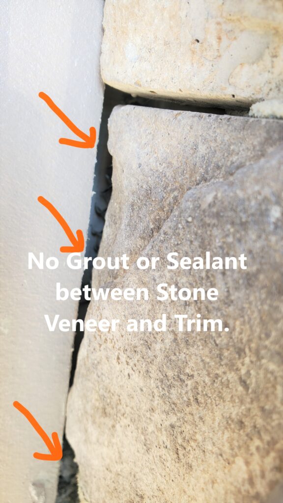 The junctions of stone veneer and garage trim, and the juntion of the garage header and siding were not sealed at the time of the home inspection in Peachtree City. This was allowing some leakage into the garage wall. This was discovered by Powerworks Inspections during a 11 month warranty home inspection.