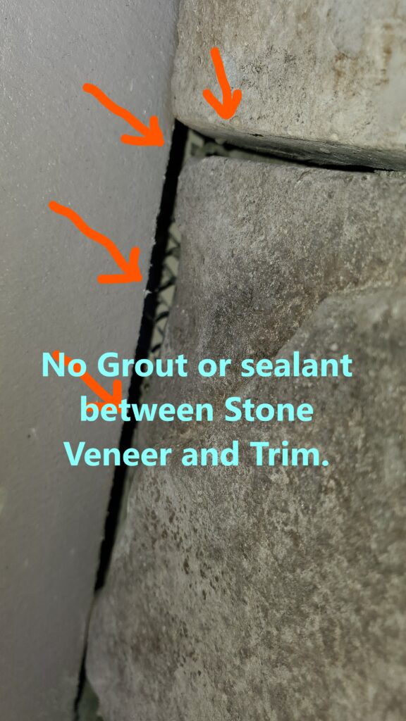 The junctions of stone veneer and garage trim, and the juntion of the garage header and siding were not sealed at the time of the home inspection in Peachtree City. This was allowing some leakage into the garage wall. This was discovered by Powerworks Inspections during a 11 month warranty home inspection.