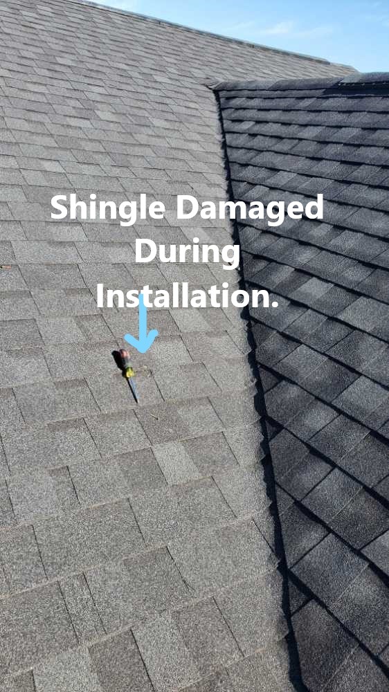 Shingles were damaged during installation and noted at the time of the home inspection in Peachtree City. Shingle damage during installation is not an uncommon occurance. This was discovered by Powerworks Inspections during a 11 month warranty home inspection.