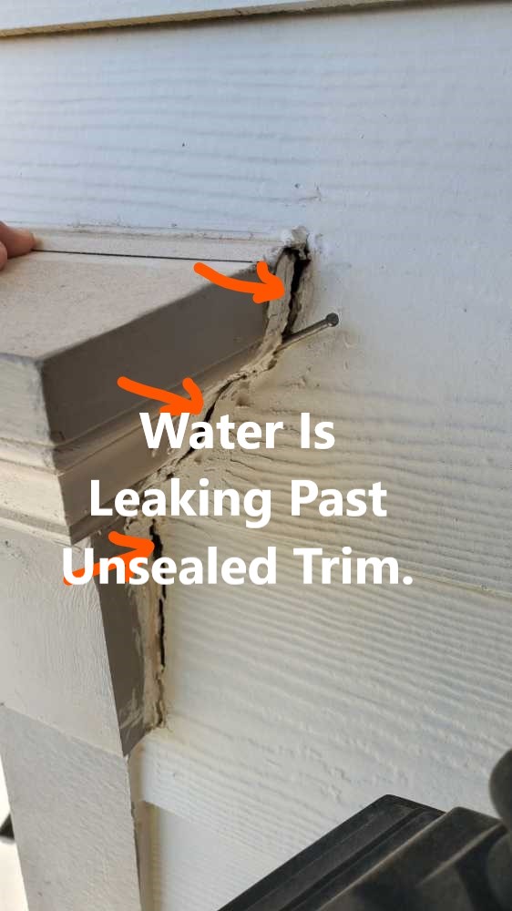 The junctions of stone veneer and garage trim, and the juntion of the garage header and siding were not sealed at the time of the home inspection in Peachtree City. This was allowing some leakage into the garage wall. This was discovered by Powerworks Inspections during a 11 month warranty home inspection.