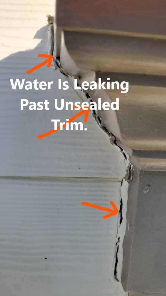 The junctions of stone veneer and garage trim, and the juntion of the garage header and siding were not sealed at the time of the home inspection in Peachtree City. This was allowing some leakage into the garage wall. This was discovered by Powerworks Inspections during a 11 month warranty home inspection.