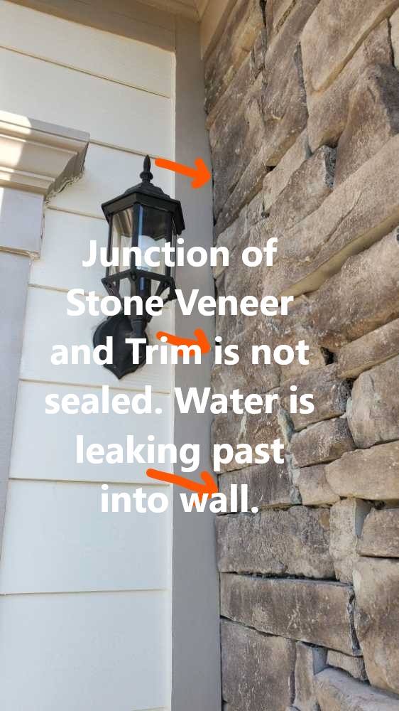 The junctions of stone veneer and garage trim, and the juntion of the garage header and siding were not sealed at the time of the home inspection in Peachtree City. This was allowing some leakage into the garage wall. This was discovered by Powerworks Inspections during a 11 month warranty home inspection.