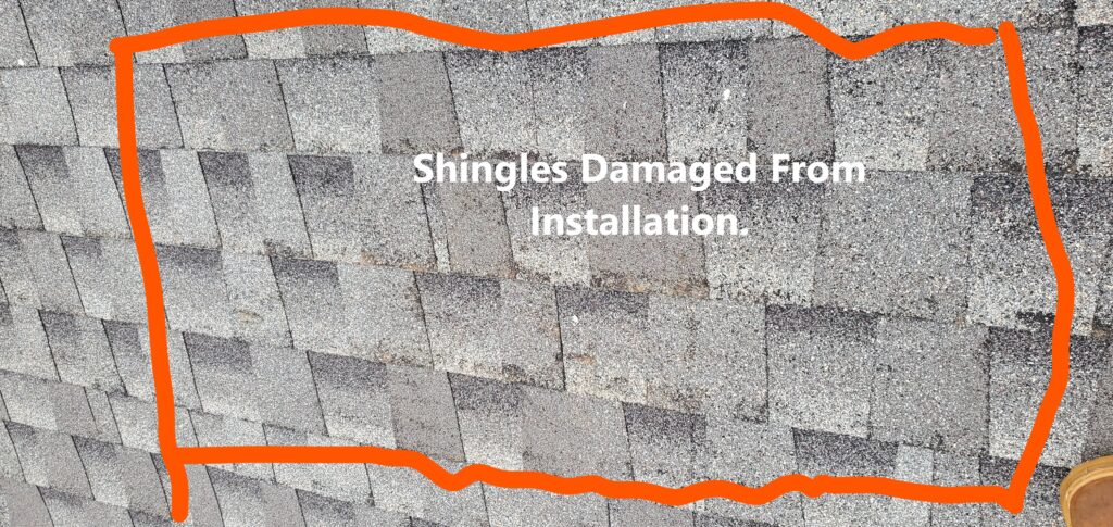 Shingles were damaged during installation and noted at the time of the 11-Month Warranty home inspection in Peachtree City Ga.. Shingle damage during installation is not an uncommon occurance. Noted by Powerworks Inspections during a 11-Month Warranty Inspection.