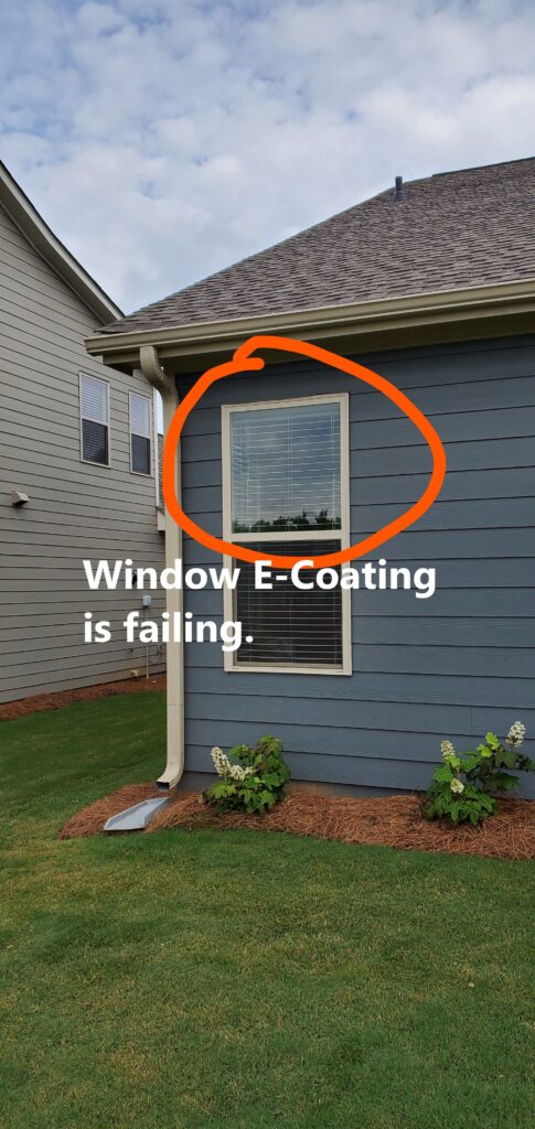 E-Coating at window was damaged from the factory. The E-Coating blocks the wavelength from the Sun the generates heat. Noted by Powerworks Inspections during a New Construction home inspection.