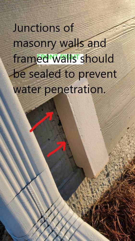 Junctions of masonry and windows or framed walls should be sealed to prevent water penetration. This was noted by Powerworks Inspections during a 11-Month Warranty home inspection in Peachtree City Ga.