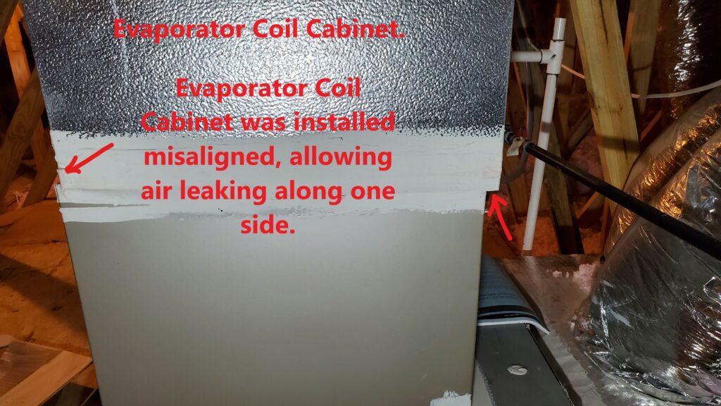 Evaporator coil was not aligned correctly over the furnace cabinet. This misalignment created a gap along the side of the cabinet and was forcing the cooled or heated air into the into the unconditioned attic space. This was discovered by Powerworks Inspections during a 11-Month Warranty Home Inspection.