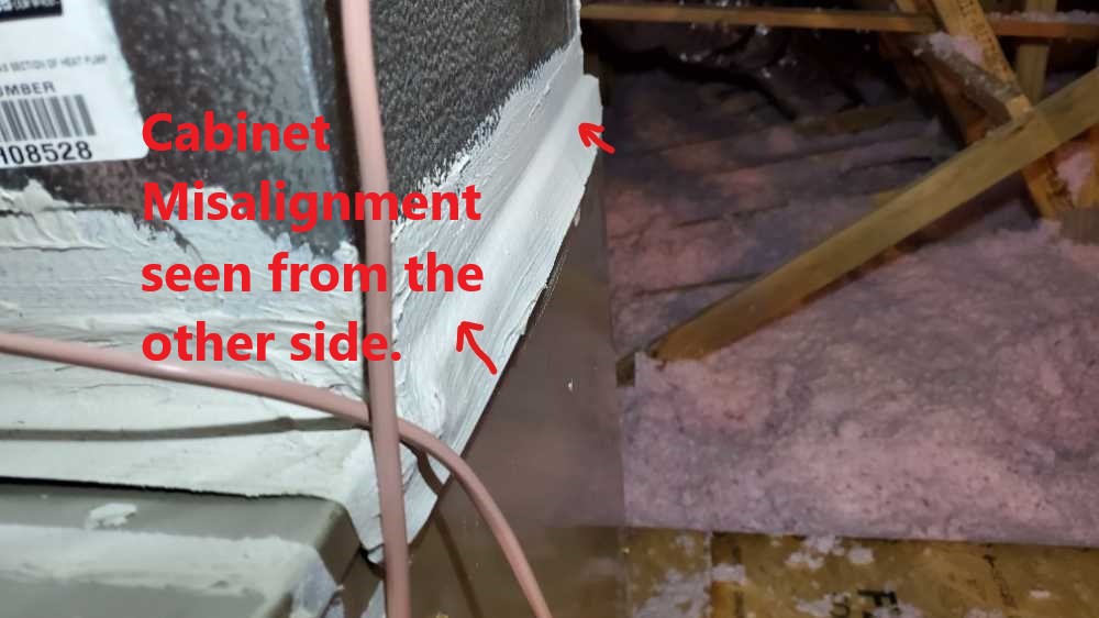 Evaporator coil was not aligned correctly over the furnace cabinet. This misalignment created a gap along the side of the cabinet and was forcing the cooled or heated air into the into the unconditioned attic space. This was discovered by Powerworks Inspections during a 11-Month Warranty Home Inspection.