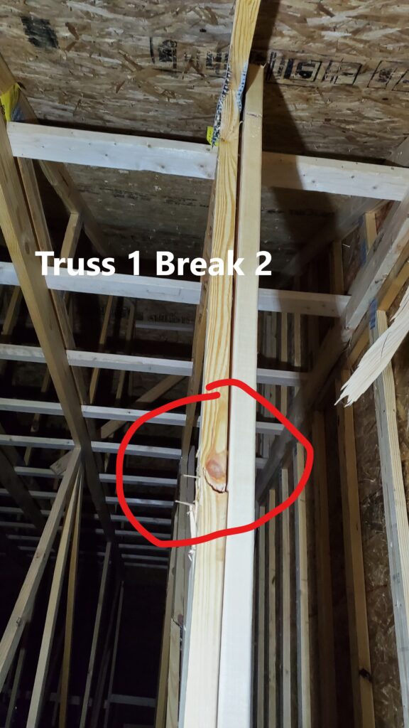 Damaged Truss Member. Home inspection by Powerworks Inspectons. A Truss is an engineered component. Repairs and modifications need to be prescribed by an engineer.