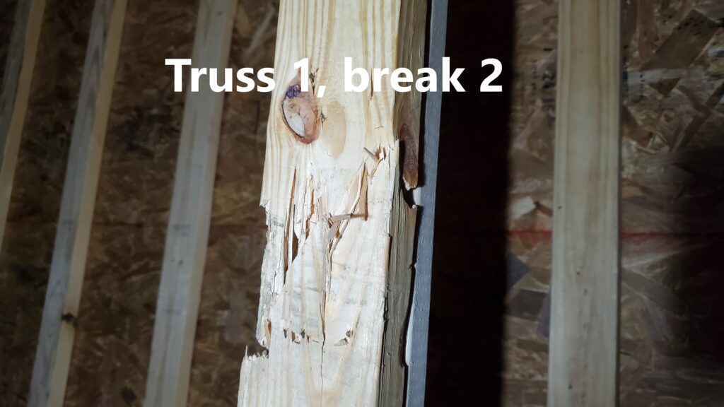 Damaged Truss Member. Home inspection by Powerworks Inspectons. A Truss is an engineered component. Repairs and modifications need to be prescribed by an engineer.