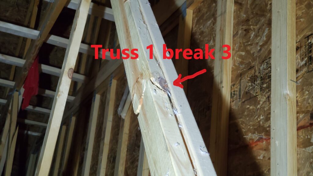 Damaged Truss Member. Home inspection by Powerworks Inspectons. A Truss is an engineered component. Repairs and modifications need to be prescribed by an engineer.