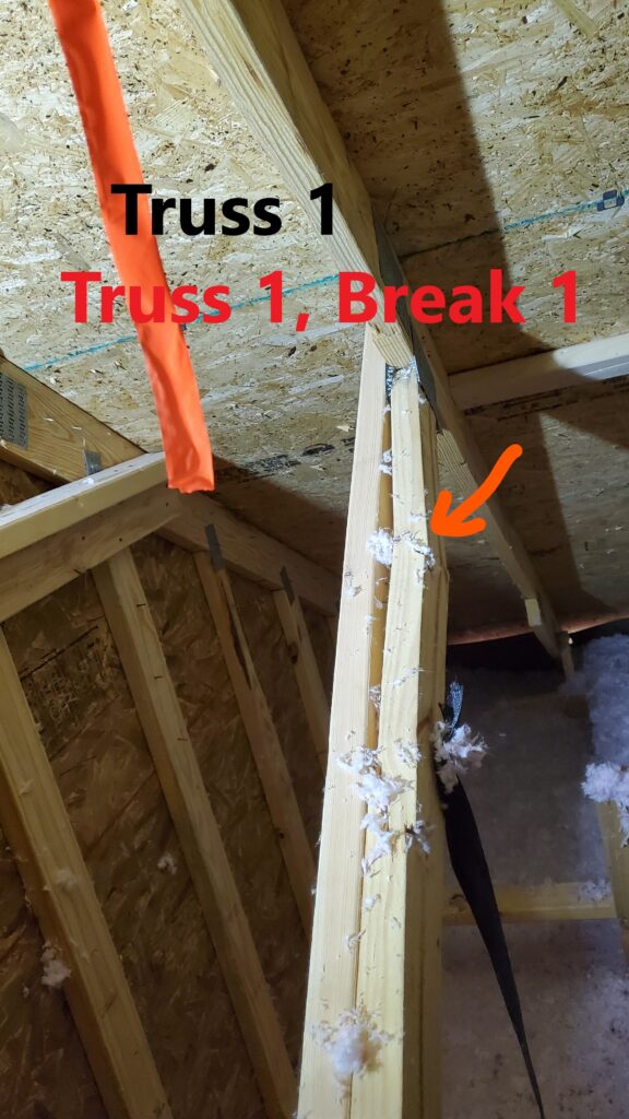 Damaged Truss Member. Home inspection by Powerworks Inspectons. A Truss is an engineered component. Repairs and modifications need to be prescribed by an engineer.