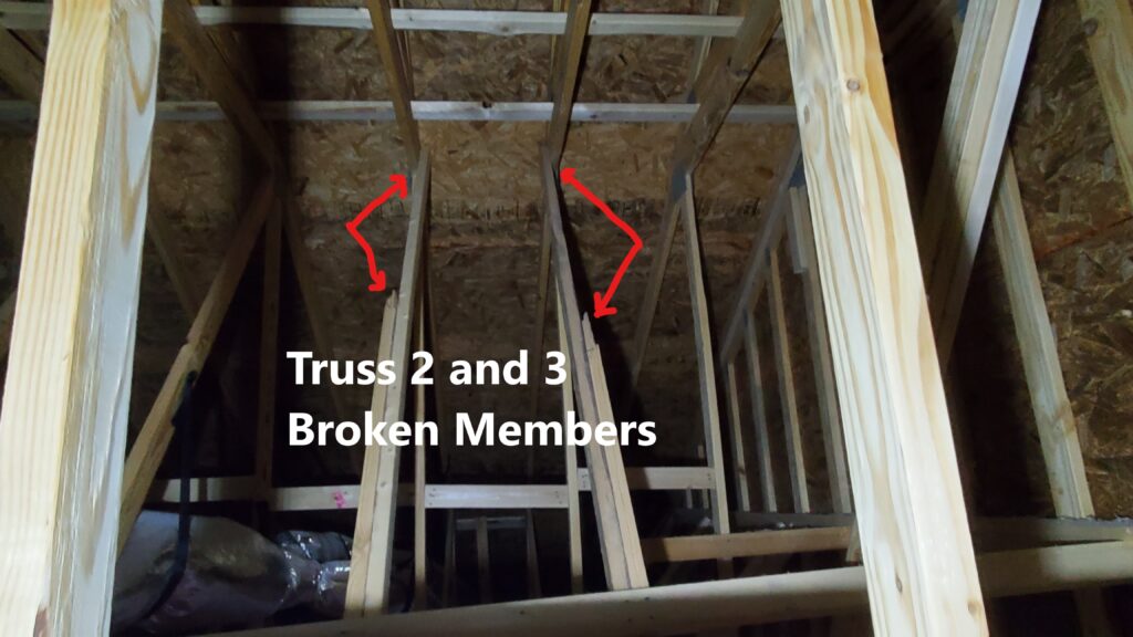 Damaged Truss Member. Home inspection by Powerworks Inspectons. A Truss is an engineered component. Repairs and modifications need to be prescribed by an engineer.