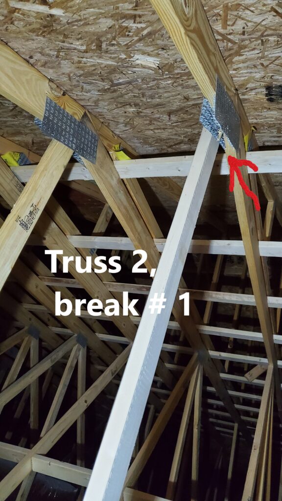 Damaged Truss Member. Home inspection by Powerworks Inspectons. A Truss is an engineered component. Repairs and modifications need to be prescribed by an engineer.