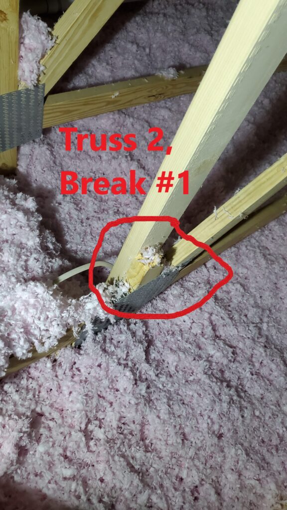 Damaged Truss Member. Home inspection by Powerworks Inspectons. A Truss is an engineered component. Repairs and modifications need to be prescribed by an engineer.