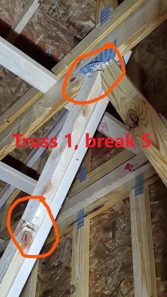 Damaged Truss Member. Home inspection by Powerworks Inspectons. A Truss is an engineered component. Repairs and modifications need to be prescribed by an engineer.