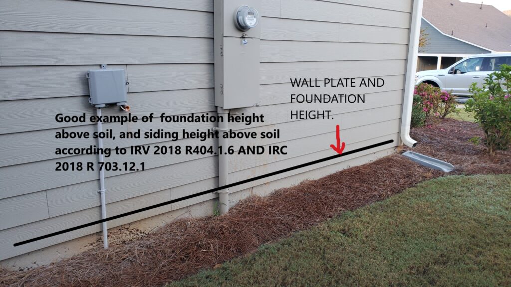 This is was noted by Powerworks Inspections during a home inspection. Here the wall plate is at the correct height above the finished grade. This an example of IRC 2018, R404.1.6: and IRC. R 703.12. (1-2) IRC 2018, R404.1.6: Concrete and masonry foundation walls shall extend above the finished grade adjacent to the foundation at all points a minimum of 4 inches where masonry veneer is used and a minimum of 6 inches elsewhere.